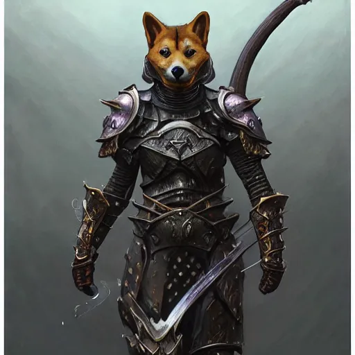 Prompt: skyrim daedric armor, realistic anthropomorphic shiba inu, fantasy, daedric armor glowing aura, by donato giancola and greg rutkowski and wayne barlow and zdzisław beksinski, realistic face, visible face, digital art, artstation, symmetry