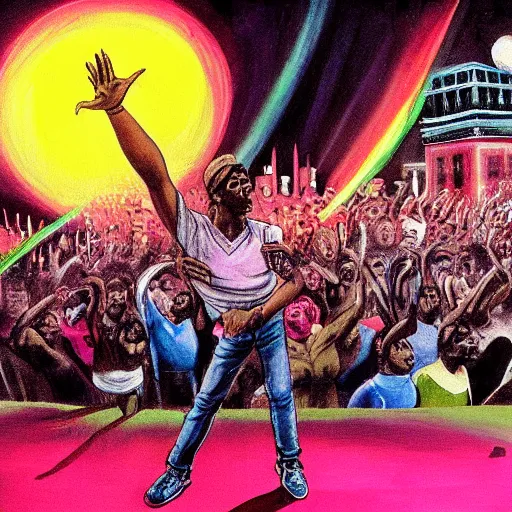 Prompt: colorful painting of an old school hip hop concert taking place on a basketball court behind a large brick apartment at night, many people dancing with their hands in the air, a rapper is standing on stage yelling into the mic, a dj with audio equipment at the back of the stage, in the style of frank frazetta