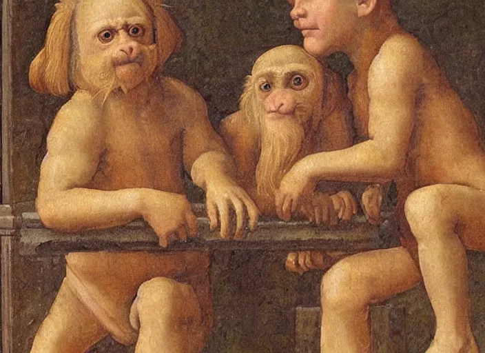 Prompt: detailed renaissance style painting of 3 monkeys enjoying the roman baths, soft edges, oil painting