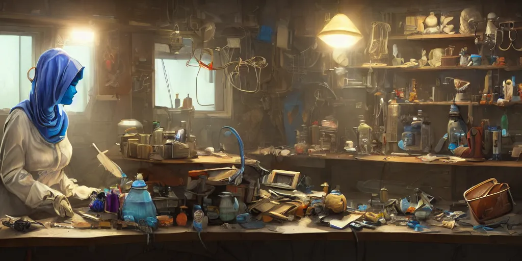 Image similar to an environmental concept art of a babushka cyberneticist in a cluttered mechanics workshop, surgical implements, surgery table, highly detailed, cinematic, dramatic, cyberpunk