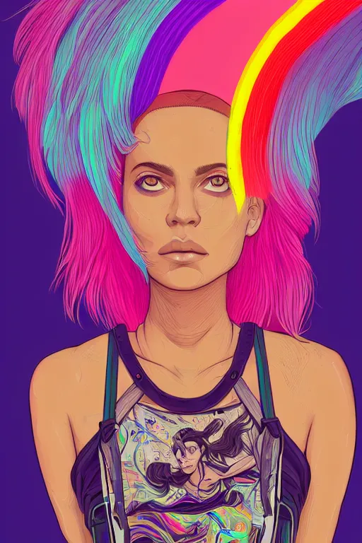 Image similar to a award winning half body portrait of a beautiful woman with stunning eyes in a printed croptop and cargo pants with rainbow colored ombre hairstyle head in motion and hair flying by josan gonzales, outrun, vaporware, shaded flat illustration, digital art, trending on artstation, highly detailed, fine detail, intricate