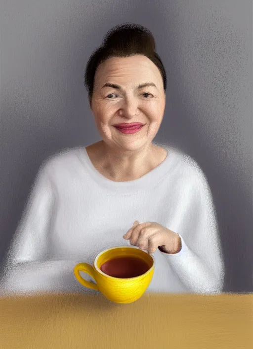 Image similar to middle - aged woman sitting in a table with a hot cup of tea, small wide smile, mandel eyes, forehead, small plump lips, oval face, wrinkled big cheeks calming white background of a kitchen with yellow flowers, pastel colours, thin blurry lines, digital painting, artstation, matte, sharp focus, illustration, realistic oil painting