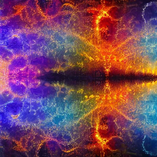 Prompt: Beautiful impressionistic painting, of fractal cosmic lights, water reflection, intricate details, high quality, 8k, wide lens atmospheric photo, color grading !dream