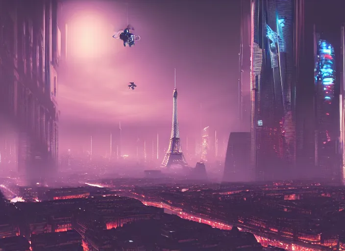 Image similar to cyberpunk scifi scene of paris at night, scifi drones in the sky, artstation, matt painting, very detailed, maximalism, ambient occlusion, volumetric light, atmospheric haze, unreal engine, hyper realism, realistic shading, cinematic composition, realistic render, octane render, detailed textures, photorealistic, wide shot