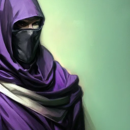 Image similar to ultra realistic illustration, man in a black hood, in a striped purple balaclava, mysterious, highly detailed, digital painting, artstation, concept art, smooth, sharp focus, illustration, art by artgerm and greg rutkowski and alphonse mucha