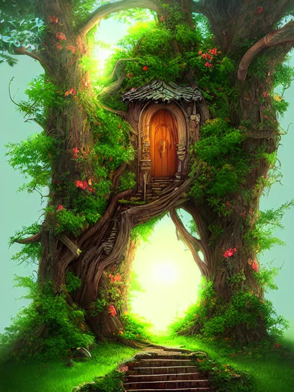 Image similar to professional digital art detailed forest tree with door and stairs, magical forest flowers mushrooms cgsociety wlop behance by pixiv