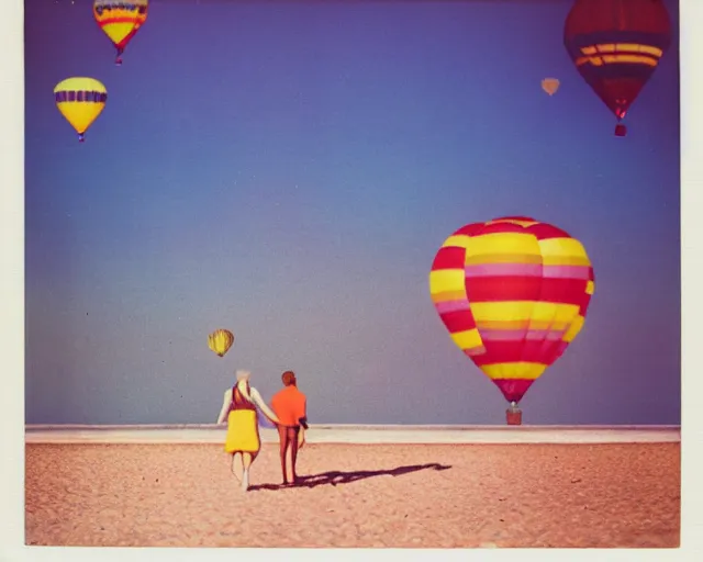 Image similar to a couple walks on the beach, multicolored hot air balloons floats over the beach at violet and yellow sunset, whimsical and psychedelic art style, 1 9 6 0 s, polaroid photo, grainy, expired film