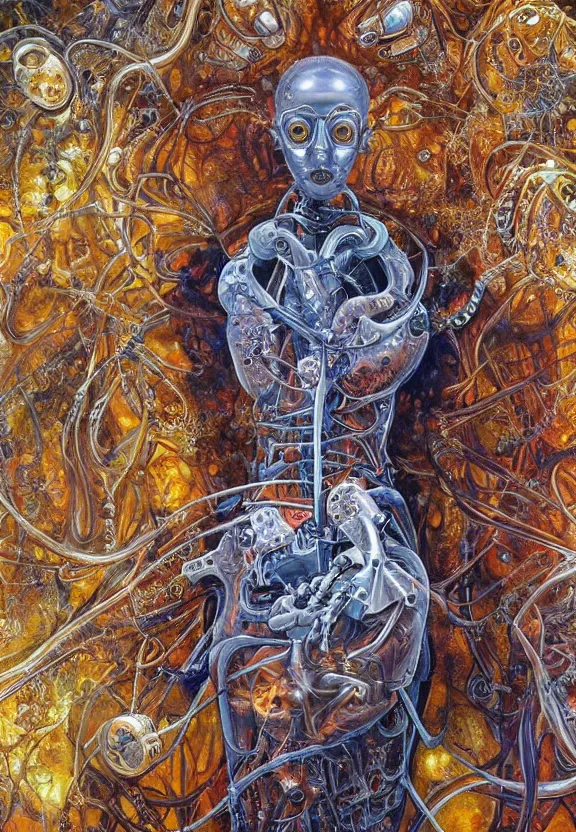 Prompt: a biomechanical robot heart, dripping oil, concept art, intricate detail, volumetric shadows and lighting, realistic oil painting by alex grey,