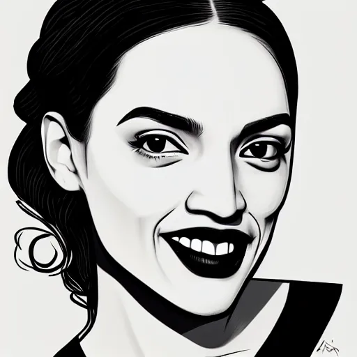 Prompt: smiling, happy, beautiful, intelligent, powerful alexandria ocasio - cortez, loving eyes, fully clothed, wise, beautiful, dramatic lighting, sharp focus, art deco patterns by stanley artgerm, retro futurism, dramatic lighting, trending on artstation, flat colour, geometric curves, gradient filter