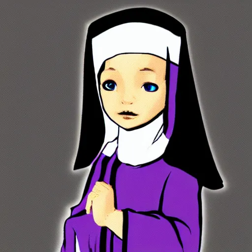 Image similar to little boy wearing nun outfit, purple and black color palate, artwork in western comic art style, inspired in hirohiko araki