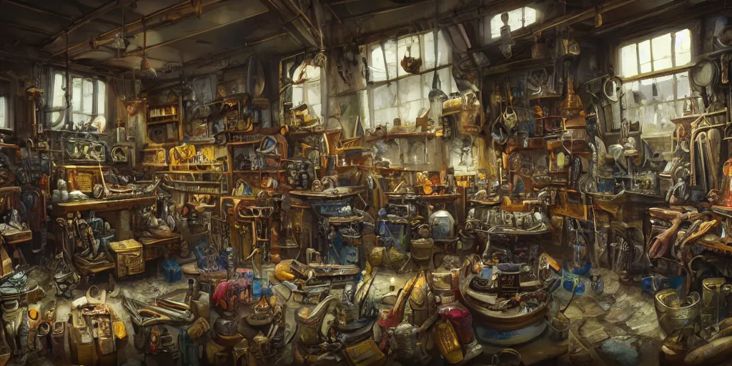 Prompt: Inside an old Weapon Shop, fantasy vendor interior, wide angle, highly detailed, rich bright colors, trending on artstation