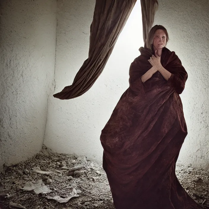 Prompt: closeup portrait of a woman wearing a cloak made of clouds, standing in a desolate abandoned house, by Annie Leibovitz and Steve McCurry, natural light, detailed face, CANON Eos C300, ƒ1.8, 35mm, 8K, medium-format print