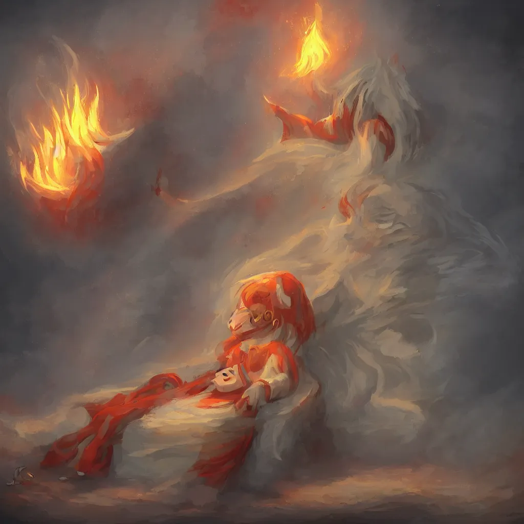 Image similar to a fire spirit chilling in a freezer, digital painting, illustration, high quality, fantasy
