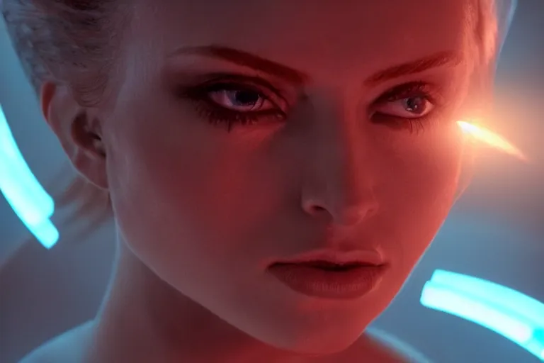 Prompt: VFX movie of a futuristic space woman gorgeous closeup portrait in future spaceship, beautiful natural skin neon lighting by Emmanuel Lubezki
