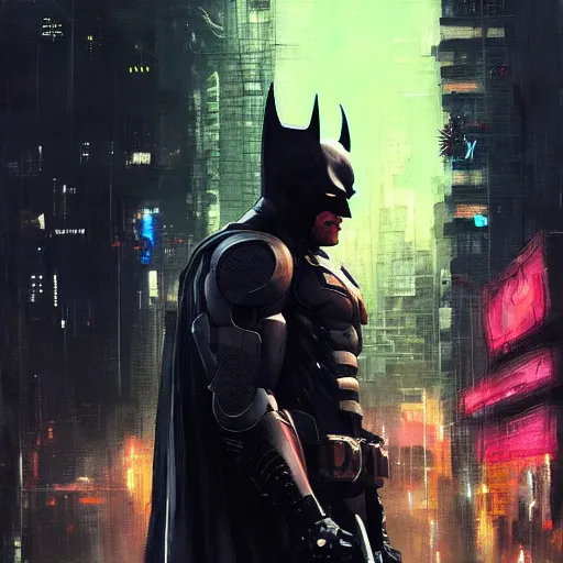 Image similar to cyberpunk batman, futuristic, brush strokes, oil painting, city background, greg rutkowski