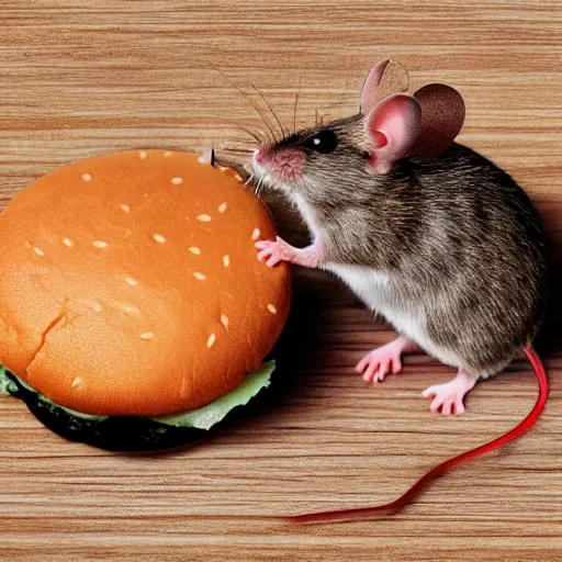 Prompt: a mouse on a hamburger, hyper realistic, macro photo, very detailed