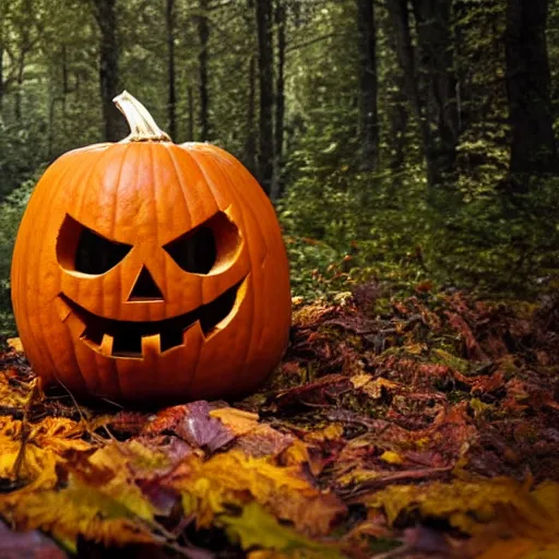 Prompt: a carved pumpkin sitting in the middle of a forest, a stock photo by john carpenter, shutterstock contest winner, dau - al - set, creepypasta, photo taken with ektachrome, creative commons attribution