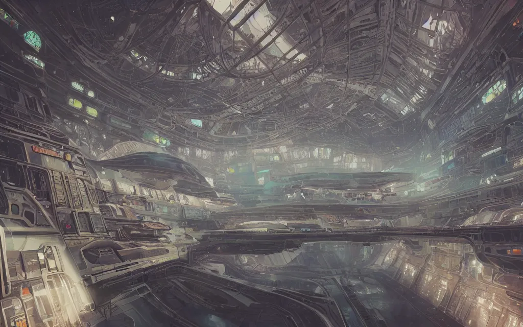 Prompt: A beautiful painting of interior hangar of a futuristic science fiction space station, intricate, highly detailed, digital painting, illustration, artgram, by beeple, studio ghibli, trending on artstation