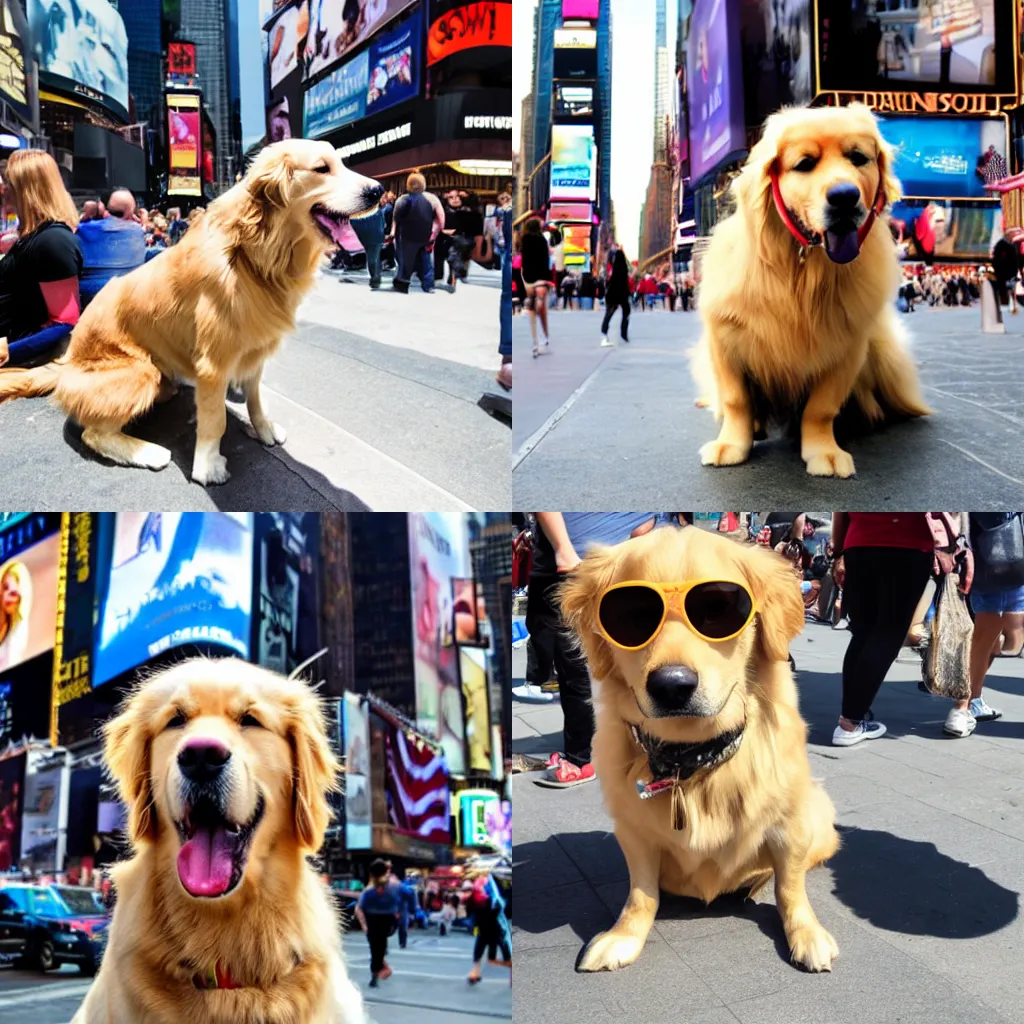 Prompt: a golden retriever dog wearing sunglasses in times square