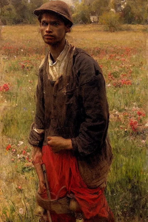 Image similar to Solomon Joseph Solomon and Richard Schmid and Jeremy Lipking victorian genre painting full length portrait painting of a young peasant working in the field, red background