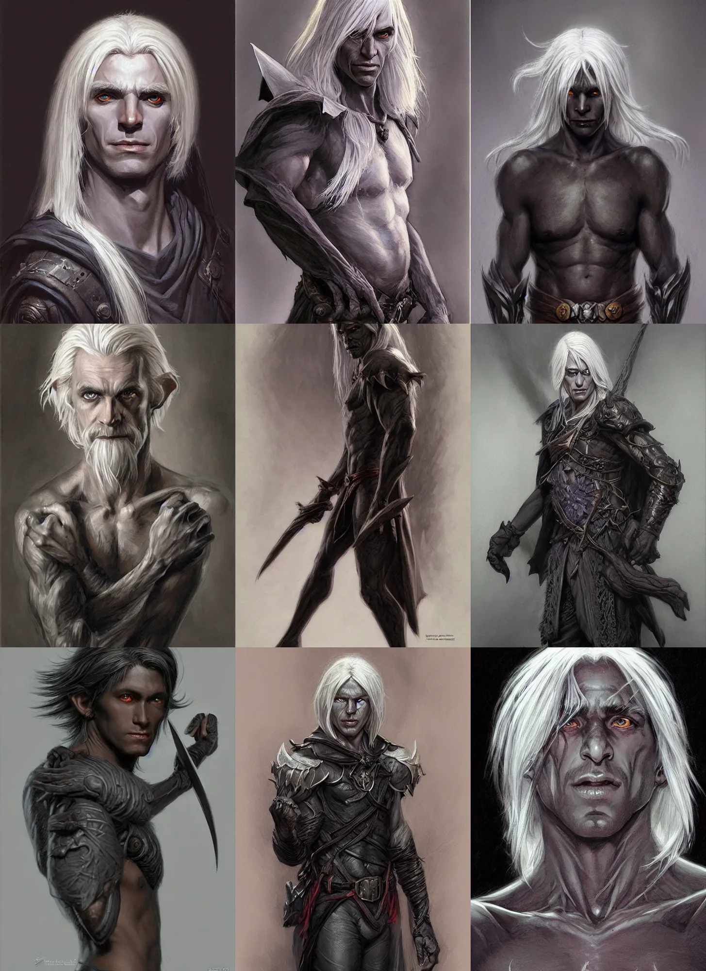 Prompt: a portrait of a dark drow elf male, medium length white hair, smooth skin, young adult, happy, pointed chin, charcoal color skin, curious, style by donato giancola, wayne reynolds, jeff easley dramatic light, high detail, cinematic lighting, artstation, dungeons and dragons