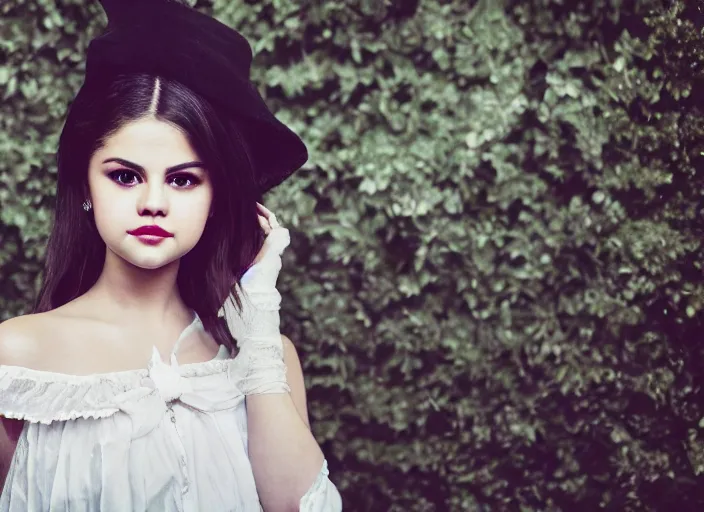 Image similar to closeup portrait of selena gomez wearing adorable victorian gothic lolita fashion, portra 4 0 0 candid photograph portrait by annie leibovitz, 3 5 mm macro shot, f / 3 2, hyperrealistic, cinematic lighting, hd wallpaper, 8 k, 4 k