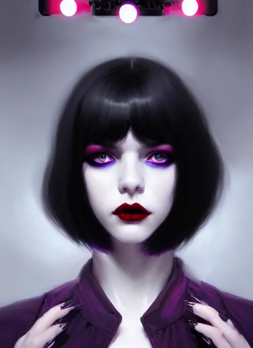 Prompt: portrait of naturally pale goth girl, red irises, black hair, white bangs, purple lipstick, intricate, elegant, glowing lights, highly detailed, digital painting, artstation, concept art, smooth, sharp focus, illustration, art by wlop, mars ravelo and greg rutkowski