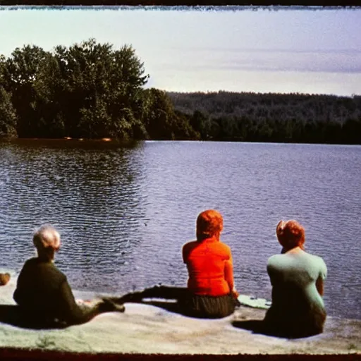 Image similar to color photograph from the sixties of people sitting by a lake in summer looking at a mushroom cloud on the horizon, faded colors, light leaks