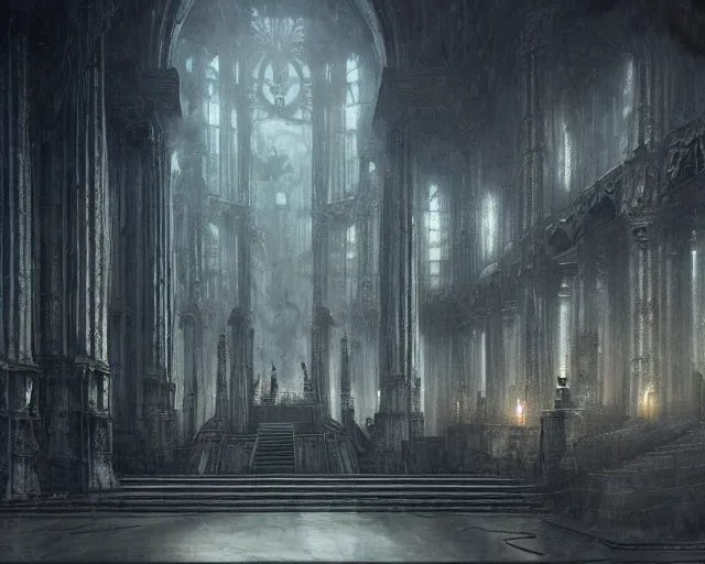 Prompt: fantasy scene, king of the wolves inside the king's hall ethereal, ominous, misty, 8 k, by h. r. giger and greg rutkowski