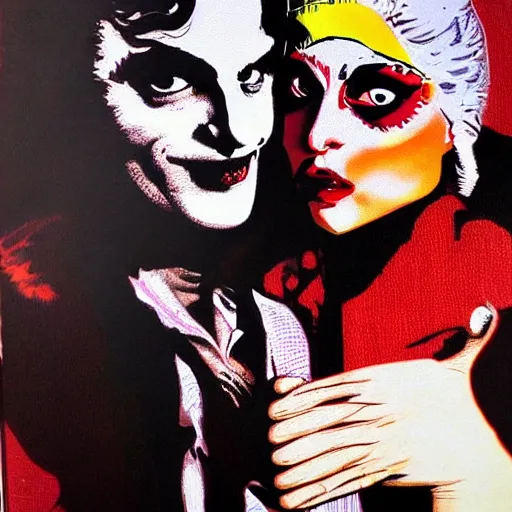 Image similar to mimmo rottela and banksy as joaquin phoenix skinny joker holding hand lady gaga harley queen, photorealistic, intricate details, pop art style, baroque, hyperdetailed