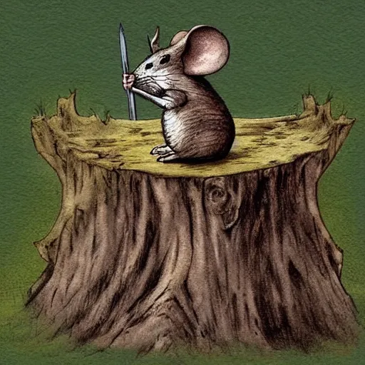 Prompt: Mouse Guard sits on a stump holding a sword, by rivuletpaper, rivuletpaper art, Mouse Guard by David Petersen, mouse photo, small details, realistic illustration,