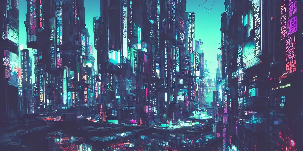 Prompt: beautiful japanese cyberpunk futuristic landscape painting, 3 d hyperrealistic render, cmyk, by tuomas korpi, dan mumford, trending on artstation