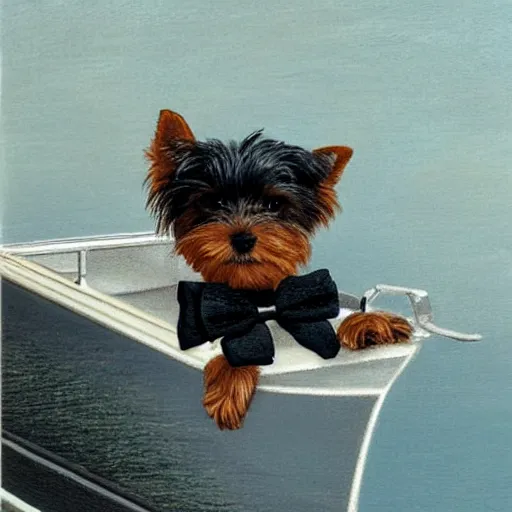 Image similar to a Yorkshire terrier wearing a black bow tie on a yacht, extremely detailed masterpiece, illustration, by Michael Sowa,