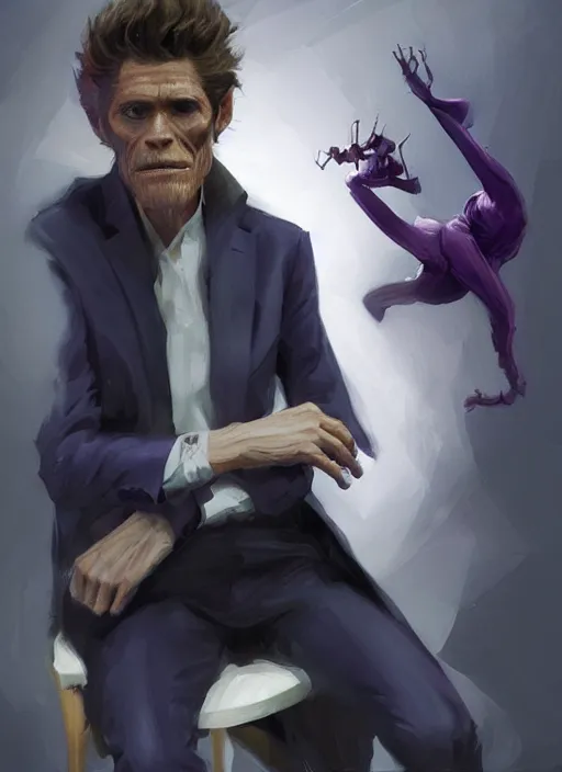 Prompt: willem dafoe wearing a dark purple suit, elegant, digital painting, concept art, smooth, sharp focus, illustration, by ruan jia and mandy jurgens and artgerm and william - adolphe bouguerea