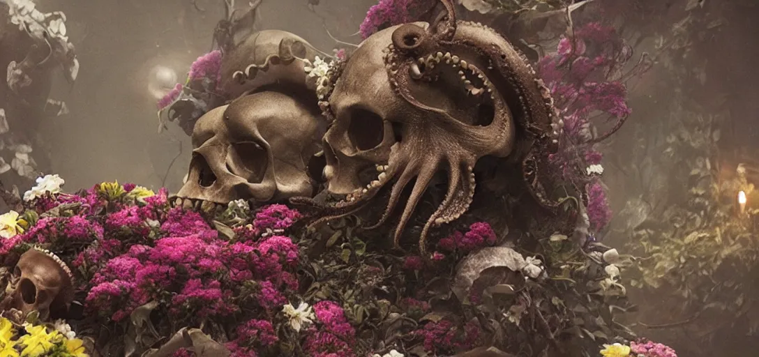 Prompt: an octopus in the shape of a skull surrounded by flowers at midnight, foggy!, cinematic shot, photo still from movie by bong joon - ho, wayne barlowe