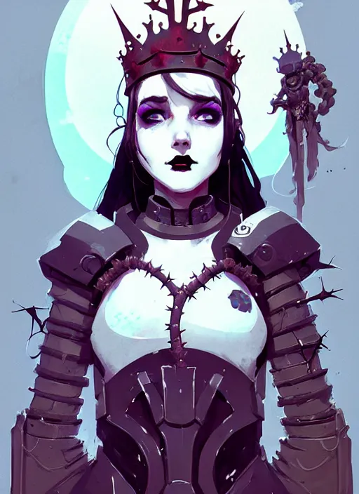 Prompt: portrait of cute goth maiden girl with crown of thorns in cyber armor, warhammer, cyberpunk, by atey ghailan, by greg rutkowski, by greg tocchini, by james gilleard, by joe fenton, by kaethe butcher, dynamic lighting, gradient light blue, brown, blonde cream and white color in scheme, grunge aesthetic