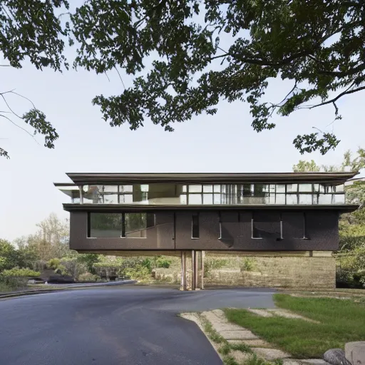 Image similar to second story elevated white brutalist home perched atop 2 equidistant separated large piers, double cantilevered design, large windows, elegant, white stone, proportion, golden ratio, epic composition, steel window mullions, cars parked underneath