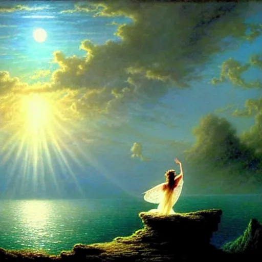 Prompt: an elegant fairy queen in a blue lace dress dancing looking out at a lord of the rings scenery landscape, staring across the sea at a white timber sail boat, sunrise, god's rays highly detailed, vivid colour, soft clouds, full moon, cinematic lighting, perfect composition, gustave dore, derek zabrocki, greg rutkowski, belsinski