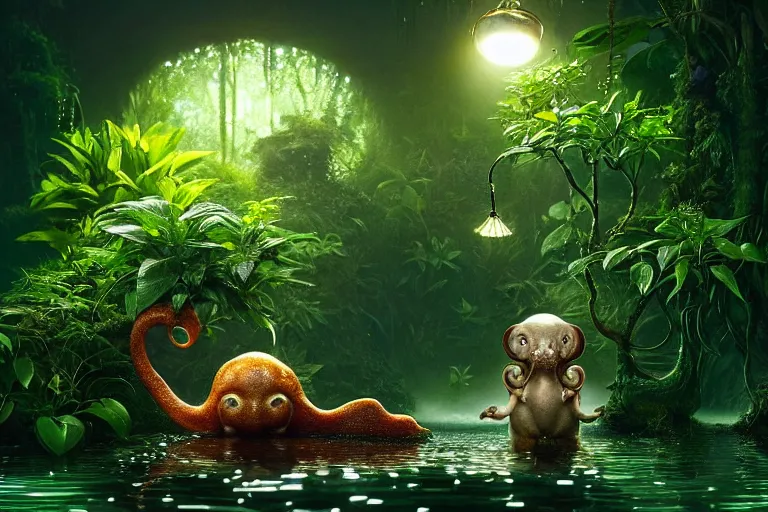 Image similar to cute creature in a lush trunda vegetation, water reflection, night, backlit, warm tones, bioluminescent : : by michal karcz, daniel merriam, victo ngai and guillermo del toro : : ornate, dynamic, particulate, intricate, elegant, highly detailed, centered, artstation, smooth, sharp focus, octane render, 3 d