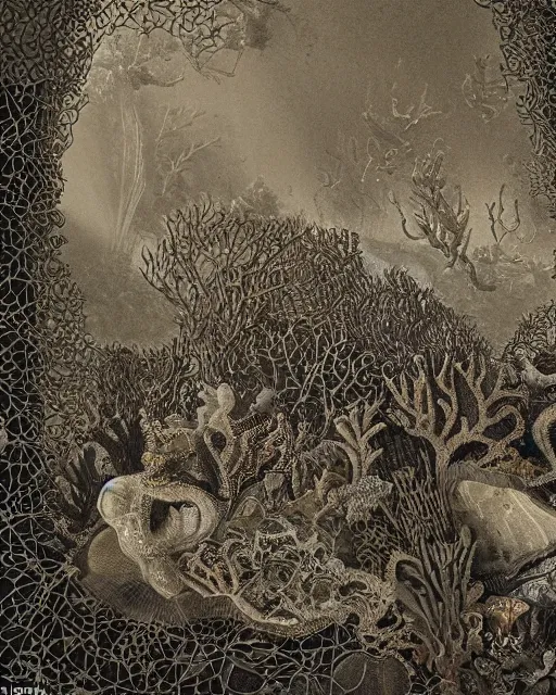 Image similar to a coral reef, made of intricate decorative lace leaf skeleton, in the style of the dutch masters and gregory crewdson, dark and moody