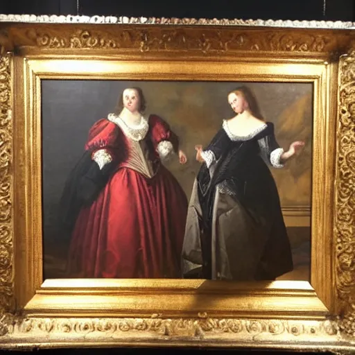 Prompt: oil on canvas painting no frame visible. two women in a vast castle lobby wearing fine clothes. dark room with light coming through the right side of the place. baroque style 1 6 5 6. high quality painting, no distortion on subject faces.