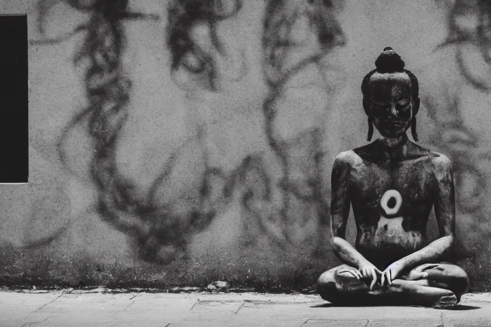 Image similar to black and white photograph of graffiti showing a person meditating