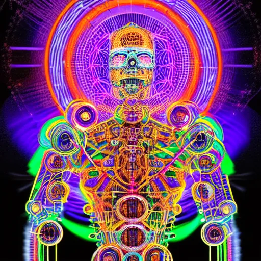 Prompt: hyperdetailed masterpiece portrait of a steampunk robot, covered in colorful glowing holy geometry and chakras, wearing multicolored tubes and cables, 8 k, halluzinogenic, flourescent colors on black background, sticker art