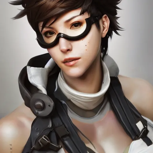 Image similar to a highly detailed portait of tracer from overwatch as nier automata cain, digital art, pretty face, muscular, very beautiful face, very detailed eyes, 8 k resolution, digital painting, by james gurney wlop, greg rutkowski, full body