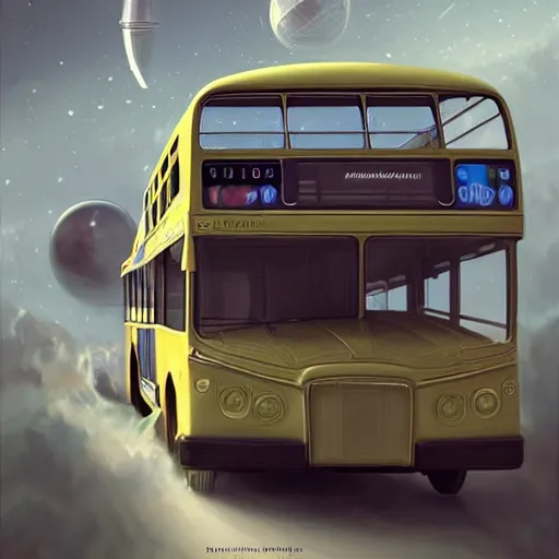 Prompt: realistic render portrait of an bus flying through space, money is flying out of the bus' windows, intricate, sci-fi, extremely detailed, digital painting, sculpted in zbrush, artstation, concept art, smooth, sharp focus, illustration, chiaroscuro lighting, golden ratio, incredible art by artgerm and greg rutkowski and alphonse mucha and simon stalenhag