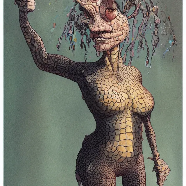 Image similar to a oil / watercolor painting full body character portrait of a illogical, odd, seasoned female anthropomorphic alligator on the wrong side of the law. in the style of moebius in the style of leonard boyarsky trending on artstation deviantart pinterest hyper detailed photorealistic highlights and shadow hd 8 k post - processing high resolution