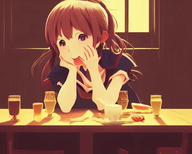 Image similar to anime visual, portrait of a young female traveler in a busy fantasy medieval tavern interior, cute face by yoh yoshinari, katsura masakazu, studio lighting, dynamic pose, dynamic perspective, strong silhouette, anime cels, ilya kuvshinov, cel shaded, crisp and sharp, rounded eyes