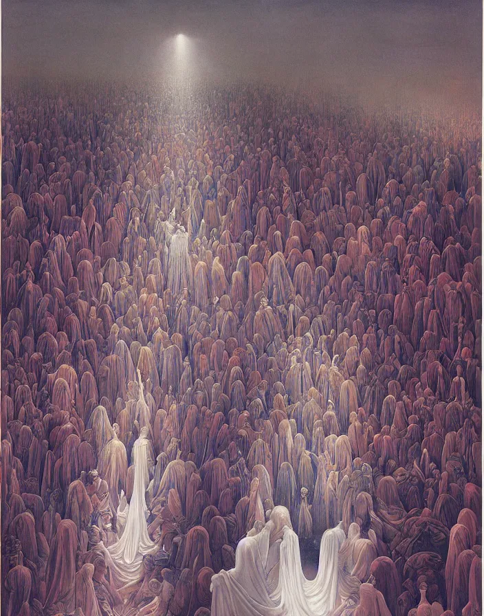 Image similar to worshippers in robes belonging to the cult of the crystal light gather inside a sma room around the big glowing crystal, big glowing crystal radiating white light, interior, high detailed beksinski painting, part by adrian ghenie and gerhard richter. art by takato yamamoto. masterpiece, deep colours