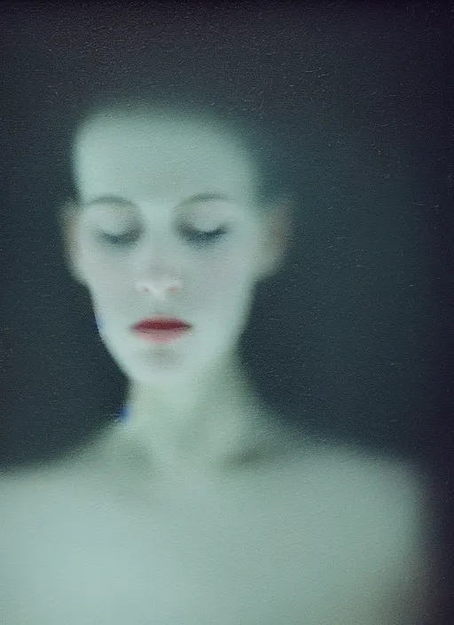 Image similar to underwater out of focus photorealistic portrait of a beautiful aesthetic pale woman by sarah moon, very blurry, translucent white skin, closed eyes, foggy