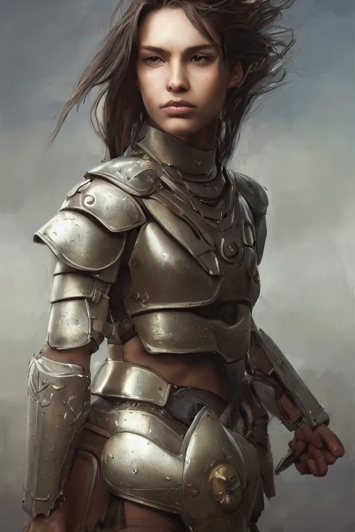 Prompt: a photorealistic painting of an attractive young girl, partially clothed in battle armor, olive skin, long dark hair, beautiful bone structure, symmetrical facial features, perfect eyes, intricate, elegant, digital painting, concept art, illustration, sharp focus, minimal artifacts, from Metal Gear, in the style of Ruan Jia and Mandy Jurgens, by Greg Rutkowski, trending on Artstation, award winning